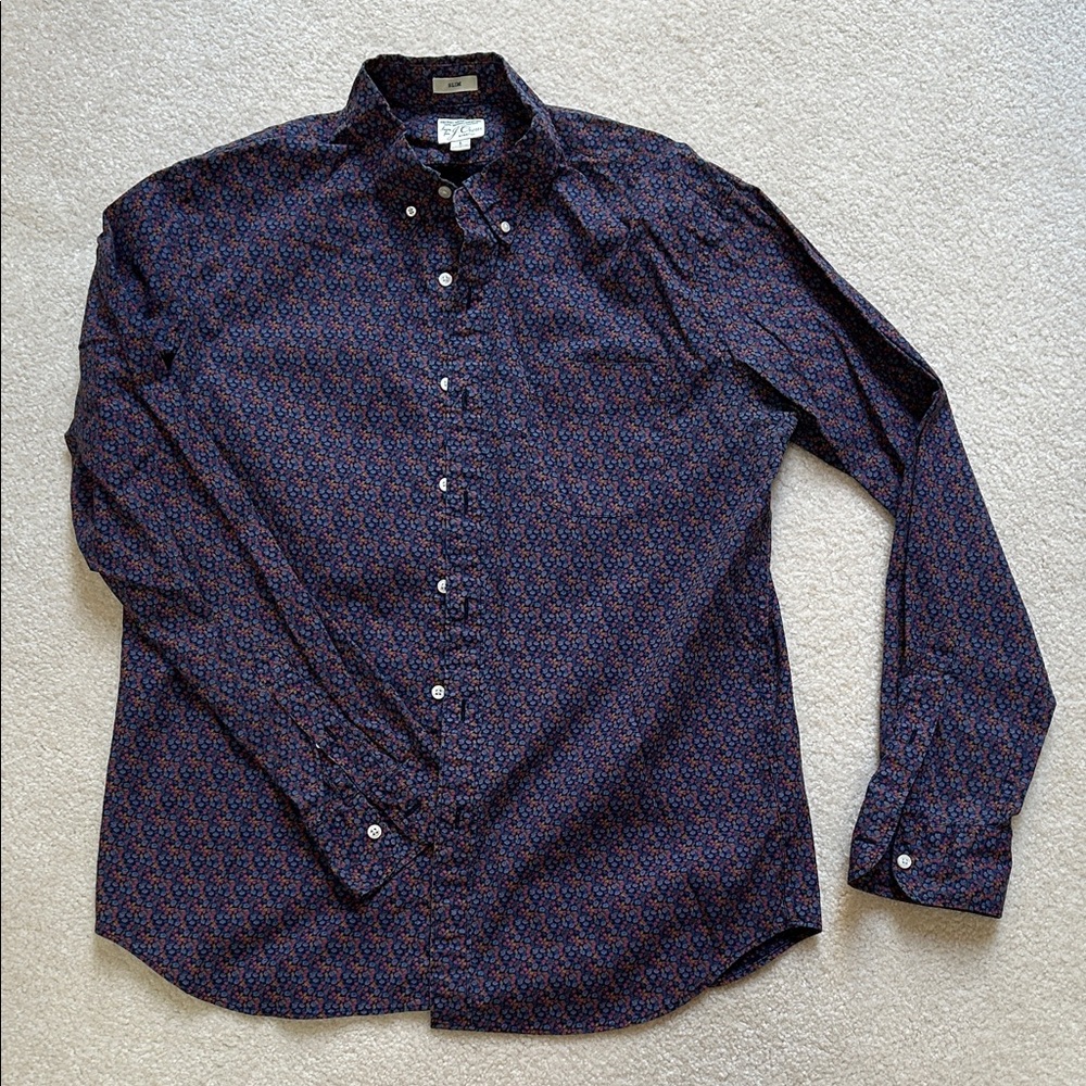 J. Crew Men's Dark Blue Patterned Button Down Shirt